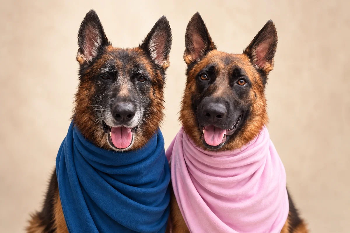 Gunther in his blue wrap and Goyo in his pink wrap, sitting together with happy, tongue-out expressions.